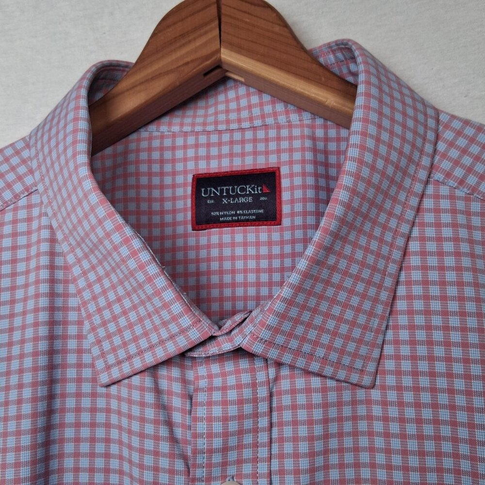 UNTUCKit Shirt Men Large Performance Stretch Short Sleeve Blue Pink Plaid - Picture 4 of 11